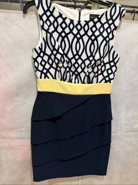 Connected Apparel Navy, White & Yellow Sleeveless Sheath Dress